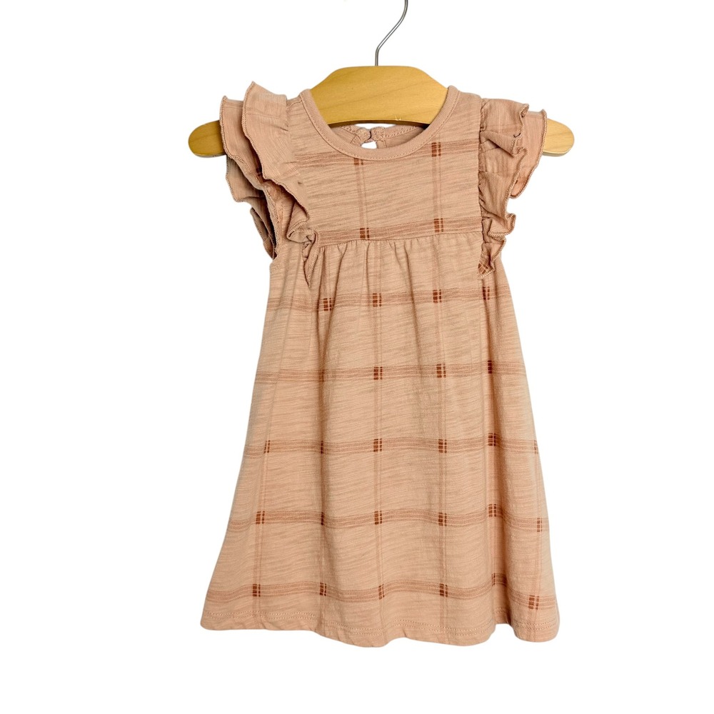 Easy-Peasy Baby Girl Flutter Sleeve Grid Dress with Diaper Cover Peach 18M